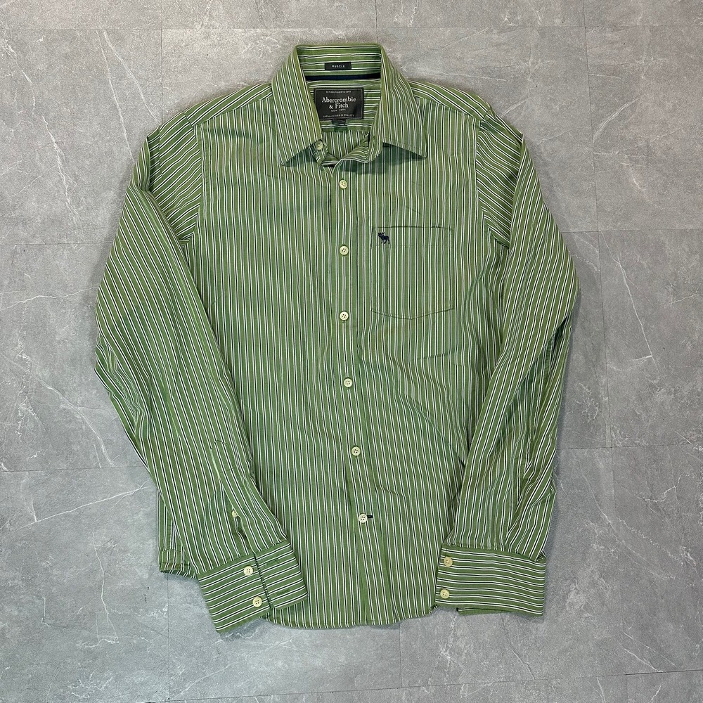 Abercrombie & Fitch Mens Muscle Fit Striped Button Down Shirt Green Medium